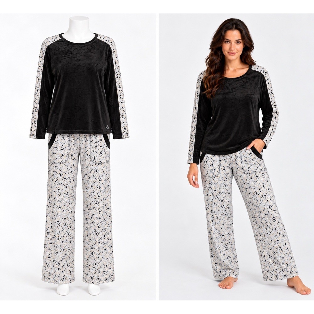 Cuddl Duds Pajama Set Womens L Black Gray Velour Long Sleeve Top 2 Piece Lounge